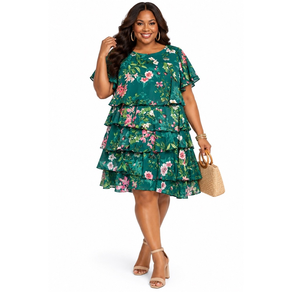 Jessica Howard Green Floral Tiered Ruffle Chiffon Dress 18W Flutter Sleeve